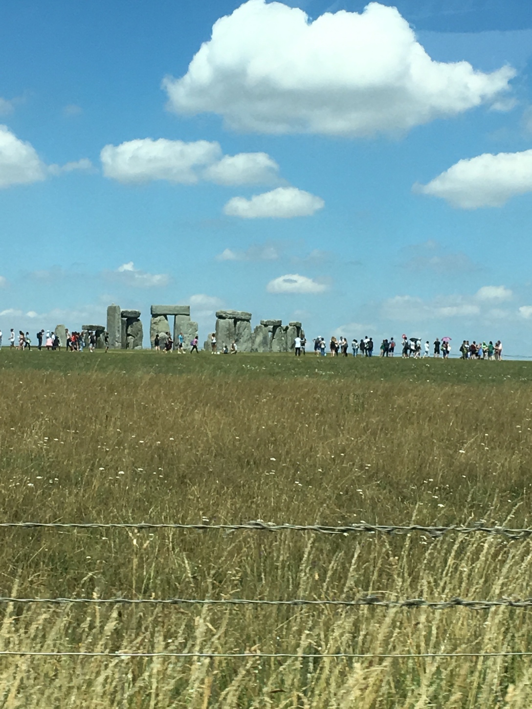 The image is a photo of Stonehenge taken from a car driving on the A303. The ancient stones can be seen in the near distance with faded green grass in the foreground and a blue sky with white clouds above.