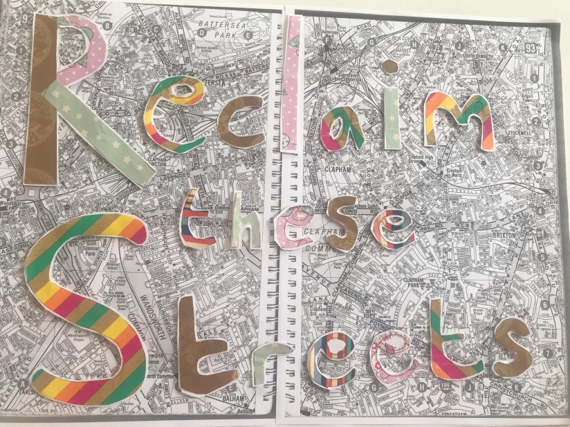 The image is of colourful letters making up the words 'Reclaim these Streets' layered on top of black and white photocopied pages of a London A-Z