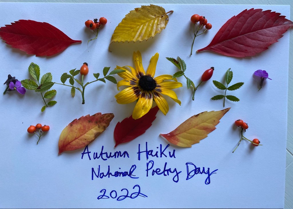 The image is of leaves, flowers and berries from an autumn garden, in shades of red, orange and yellow.  The text reads 'Autumn Haiku, National Poetry Day, 2022'.  The foliage is arranged in three lines, like a haiku, with five, seven and five items on each line.
