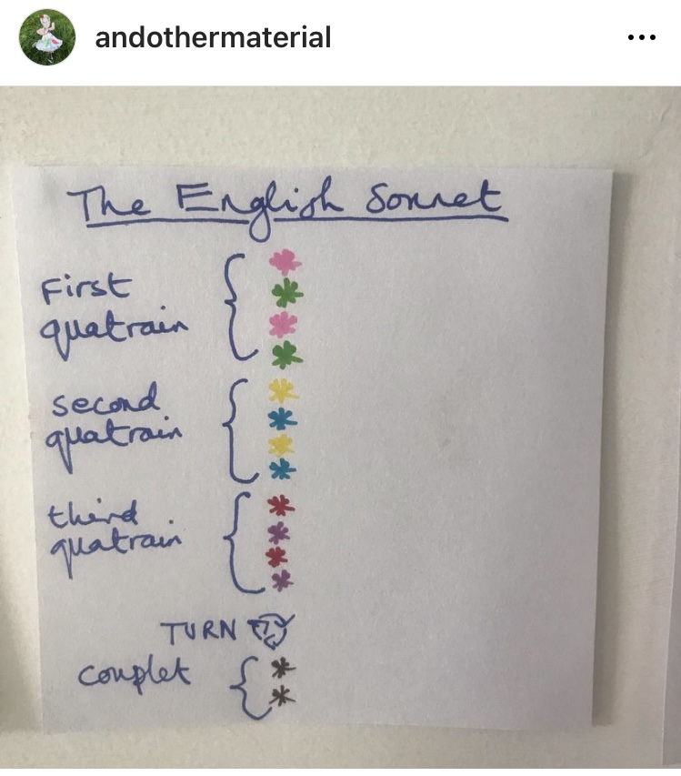 A visual poem of an English sonnet with each line represented by a different colour, and rhymes represented by the same colour.