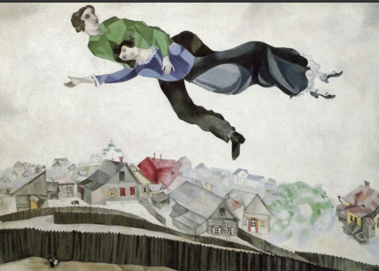 Over the Town by Marc Chagall. Two people holding onto each other and flying over a town.
