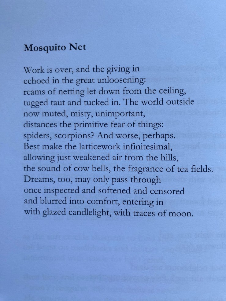 Mosquito Net Work is over, and the giving in echoed in the great unloosening: reams of netting let down from the ceiling, tugged taut and tucked in. The world outside now muted, misty, unimportant, distances the primitive fear of things: spiders, scorpions? And worse, perhaps. Best make the latticework infinitesimal, allowing just weakened air from the hills, the sound of cow bells, the fragrance of tea fields. Dreams, too, may only pass through once inspected and softened and censored and blurred into comfort, entering in with glazed candlelight, with traces of moon.