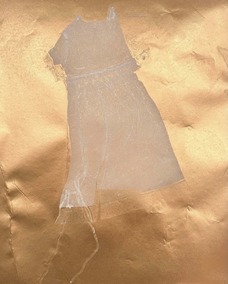 Intaglio print from the Borderland series by Pauline Scott-Garrett, a child's white dress on a gold background